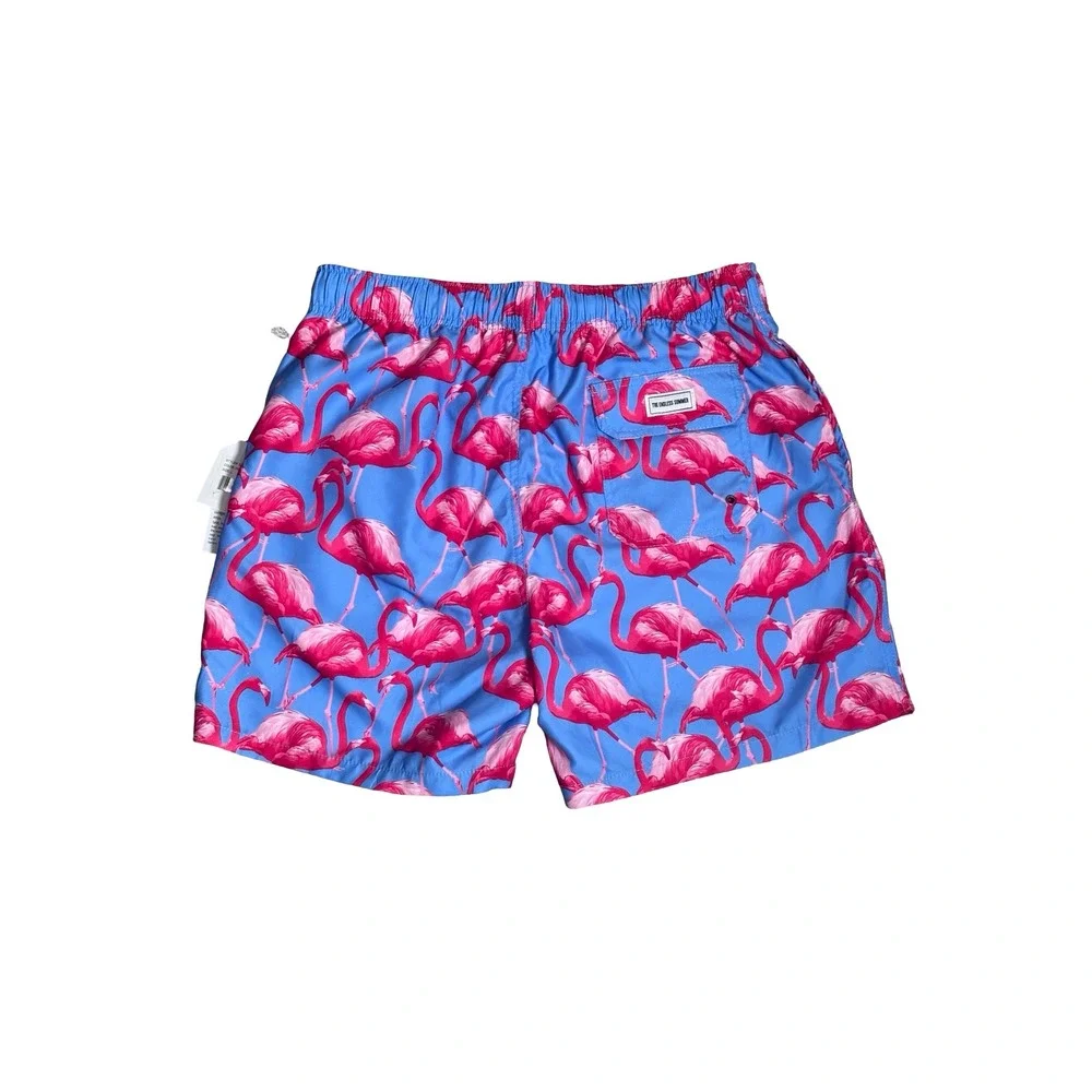 The Endless Summer Mens Large Flamingo Print Swim Trunks Blue‎ Pink Polyester